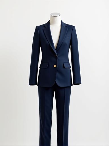 A perfectly tailored, classic navy blue two-piece executive suit displayed on a mannequin.